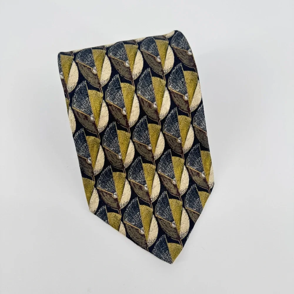 Ermenegildo Zegna Tie Silk Geometric Pattern Gold Black Italy Made Mens Neckwear